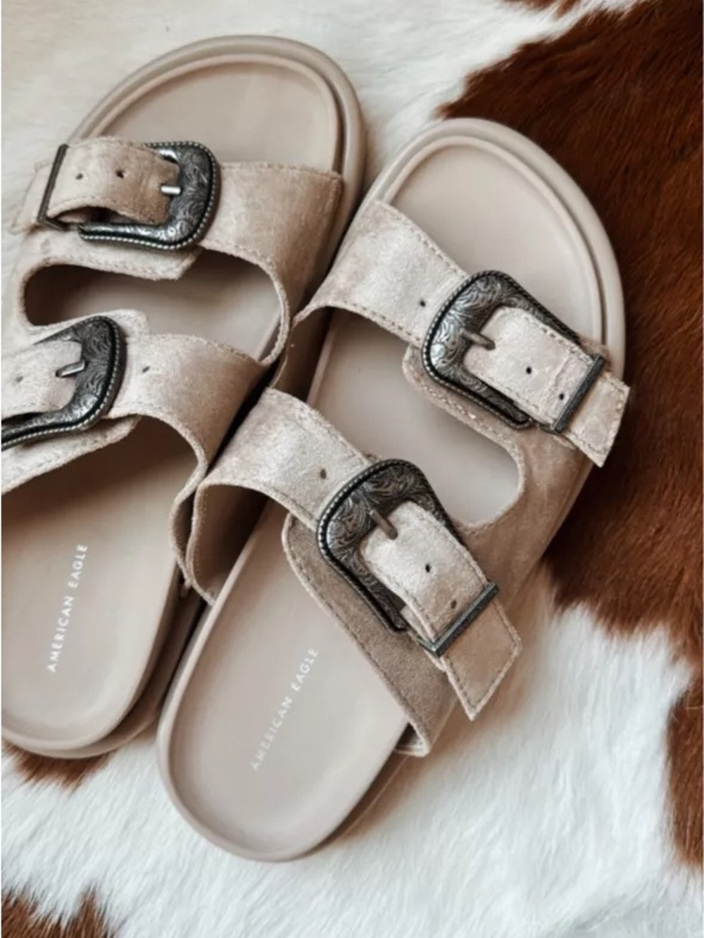 American Eagle Outfitters Tan Suede Double-Buckle Slide Sandals